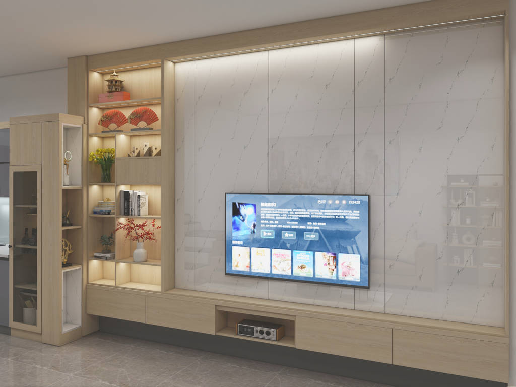 Phòng khách hiện đại với tấm PVC vân đá được in 3D bóng gương nổi bật nhà anh Huy - TP Ninh Bình