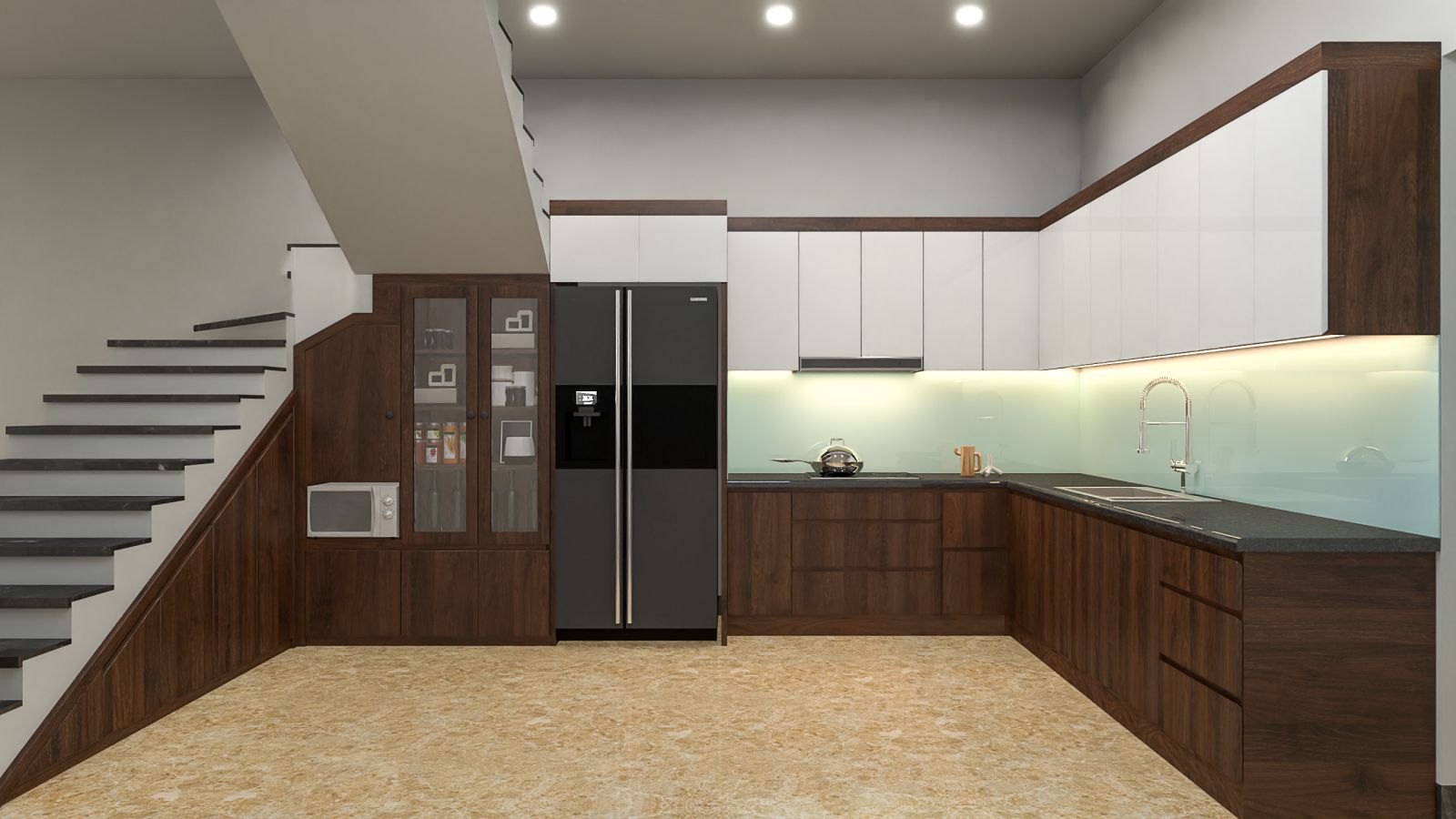 Mẫu tủ bếp kết hợp màu vân gỗ và màu đơn sắc tại nội thất hoàng anh ninh bình