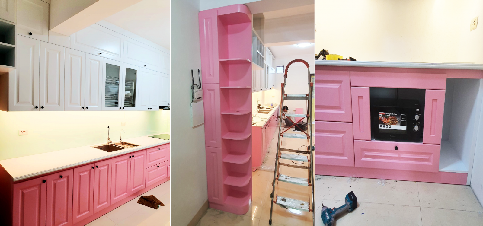 tủ bếp màu hồng