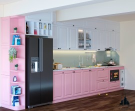 Thiết kế tủ bếp màu hồng đẹp mắt hiện đại pha tân cổ điển